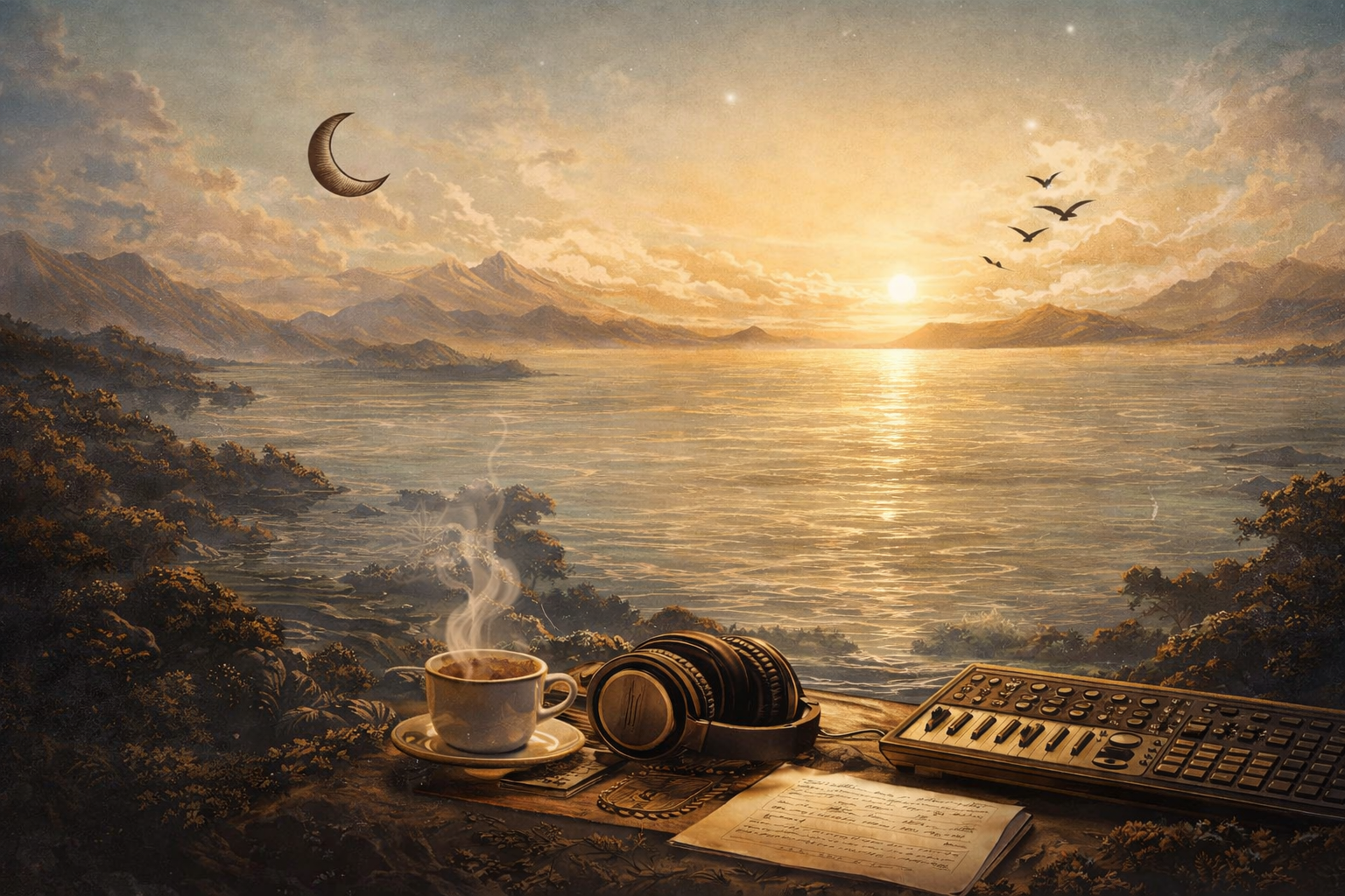 The sound you seek — a serene landscape with headphones and music equipment